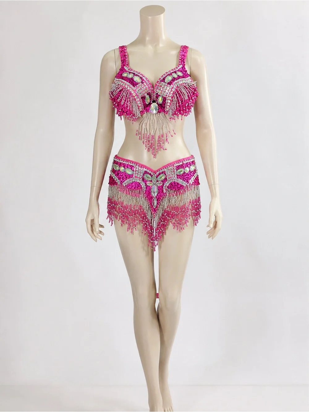 FY Kiss Hot Pink Rhinestone Beaded Fringe Belly Dance Costume Bra & Hip Belt 34D
